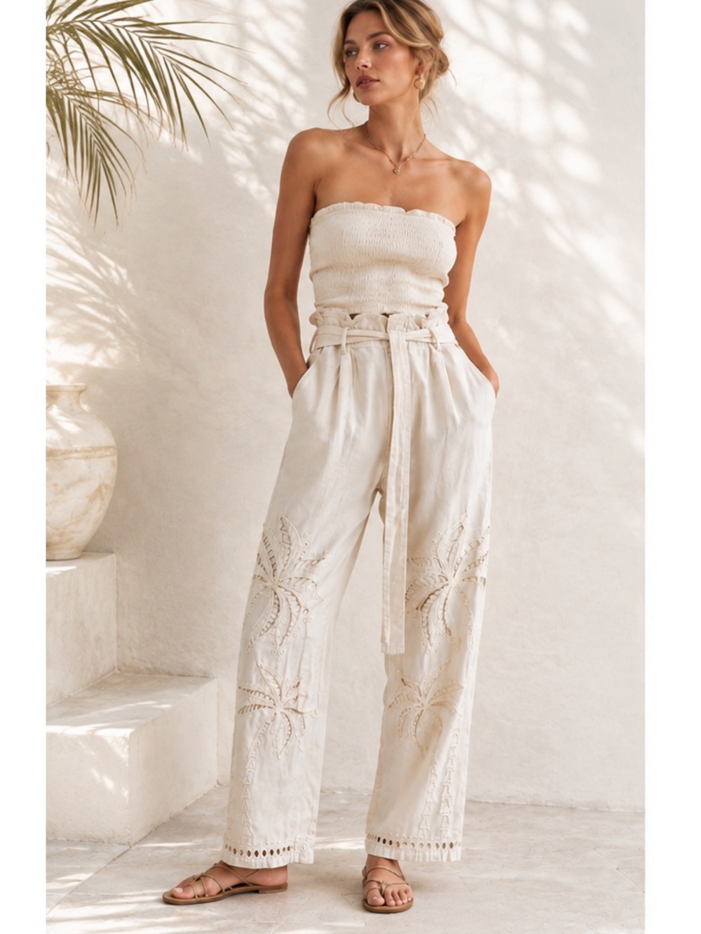 FARM Rio Off White Boho Embroidered Resortwear Vacation Straight-Leg Pants Small